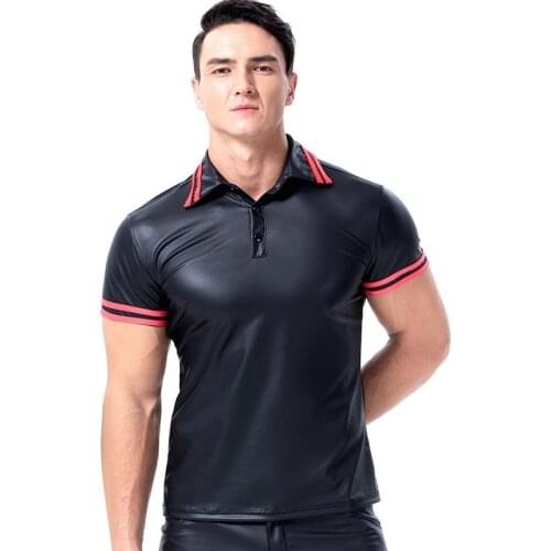 Sexy Mens Fun Patent Leather Black T-Shirt Tops Tees Men Wet Look Fetish Latex Shirts DS Nightclub Catsuit Exotic T Shirts