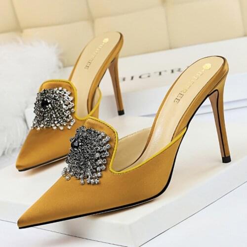 2021 Luxury Women 10.5cm High Heels Slides Mules Designer Lady Gold Silver Heels Closed Toe Crystal Slippers Outsides Prom Shoes