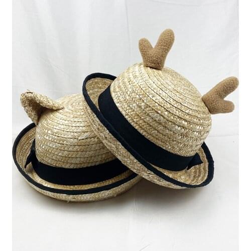 New Creativity Women Straw Hat Outdoor Lovely Cat Ear Antle Cap Embroidered Summer Beach Female Curled Brim Sunhat