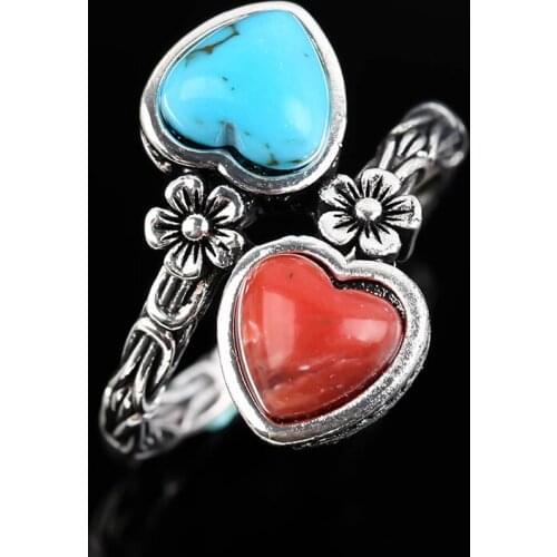 Vintage Double Turquoise Hearts Silver Plated Rings for Women Gift Flowers Unique Design Jewelry Charm Party Accessories