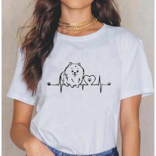 Cute Heartbeat Dog Girls Woman Tshirt Summer Short Sleeve Tee Shirt Femme Funny Pomeranian Cotton Casual T Shirt Women Tops