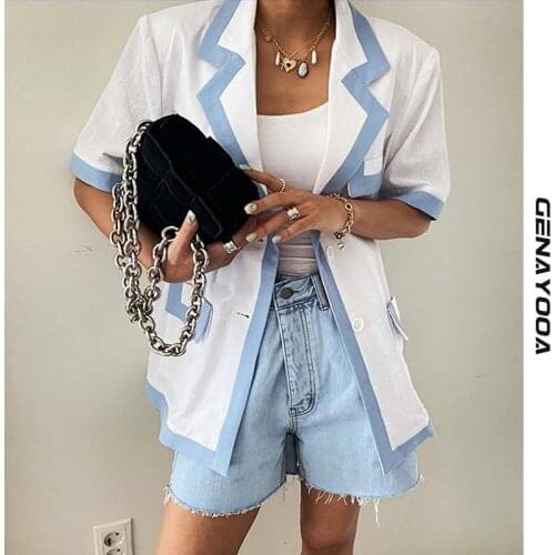 Genayooa Women Blazer Short Sleeve Korean Style Summer 2021 Thin Spliced Blazer Women Jacket Womens Tops Casual Blazer Feminino