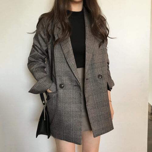 Elegant Autumn Winter Plaid Women Blazer Coat Causal Long Sleeve Tweed Coat Short Office Ladies Pocket Women Suit Blazer