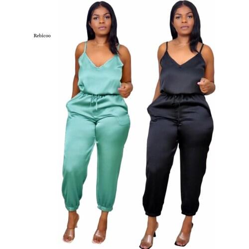Women Jumpsuit Casual V-Neck Solid Color Sleeveless Overalls Loose Plus Size Fitness Party Female Jumpsuit