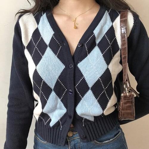 Women Vintage V-Neck Plaid Long Sleeve Sweater Autumn Winter Short Knitted Cardigan Sweaters Womes England Style Tops