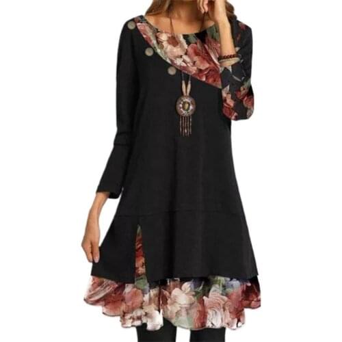 Casual dresses for women 2021 Flower Print Patchwork Women Round Neck Long Sleeve Dress for Dating Street wear robe femme