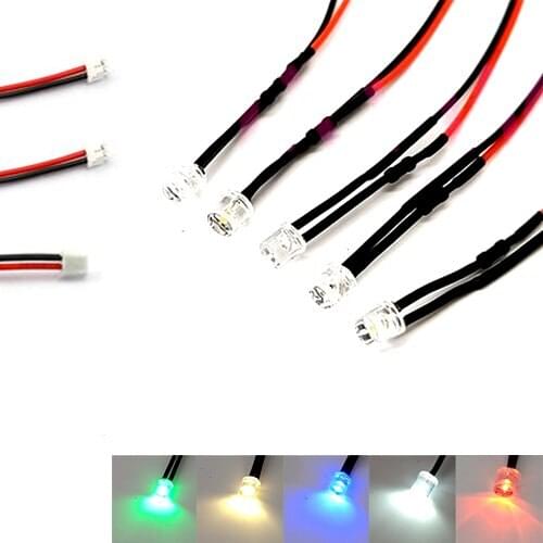 100Pcs 2V 3V 5V 6V 9V 12V Flat Head Clear 5mm LED With 20cm Red&Black Wire And ZH1.5 Plug, Light=White Red Blue Green Yellow