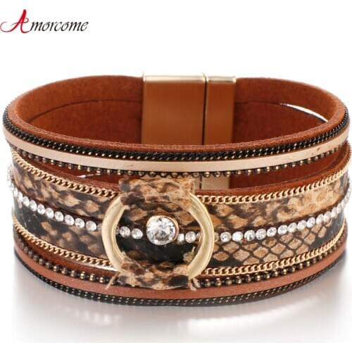Amorcome Vintage Snake Skin Genuine Leather Bracelets 2020 Boho Hollow Round Charm Wrap Bracelet Women Female Pulsera Jewelry
