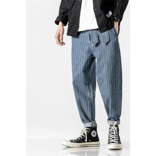 Mens pants Streetwear Loose Denim Pants Men Autumn Winter Striped Oversize Harem Pants Male Fashion Pockets Jeans штаны