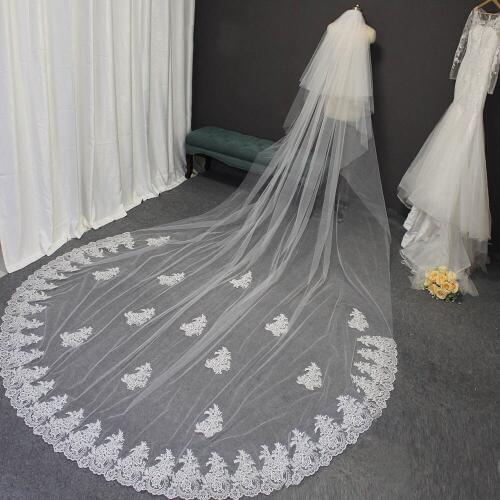 High Quality Lace Long Wedding Veil 4 Meters 2 Layers Bridal Veil with Comb White Ivory 2T 4M Veil Wedding Accessories