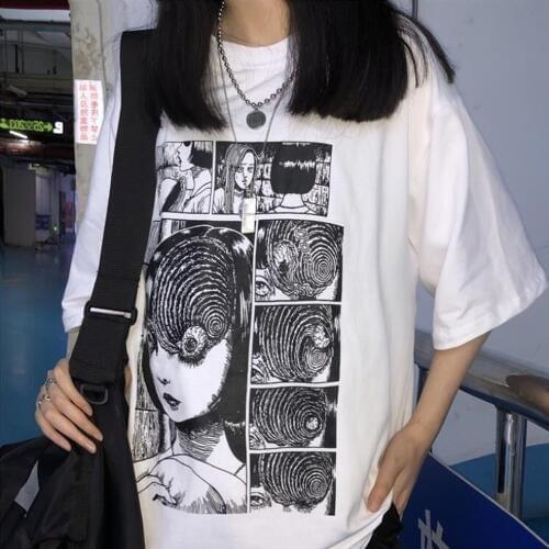 White Tees Junji Ito Horror Manga Uzumaki T-Shirt Women Fashion Tops Grunge Aesthetic Anime Tee Hipsters Harajuku Style T Shirt