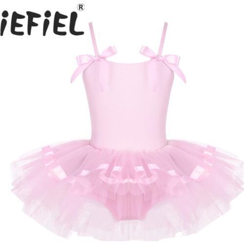 IEFiEL Kids Girls Children Spaghetti Shoulder Straps Ballet Tutu Dress with Bowties Ballet Dance Gymnastics Leotard Dancewear