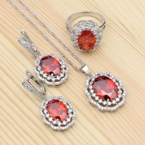 Red Stones 925 Sterling Silver Jewelry Sets Red White Cubic Zirconia Pendant Necklace Ring Earrings For Women Accessories