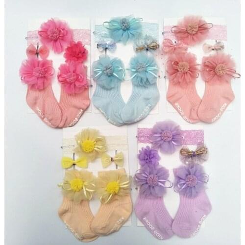 J60B 1Set Flower Lace Soft Cotton Socks+Headband+Hairpins Gift Box Headwear Hair Band