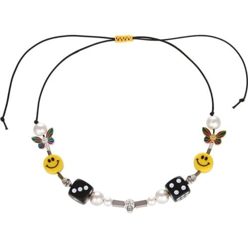 Butterfly Dice Cool Skull Pearl Necklace Skull ROCKY-Approved Hip Hop Street Dance Men and Women Couple Smiley Pearl Necklaces