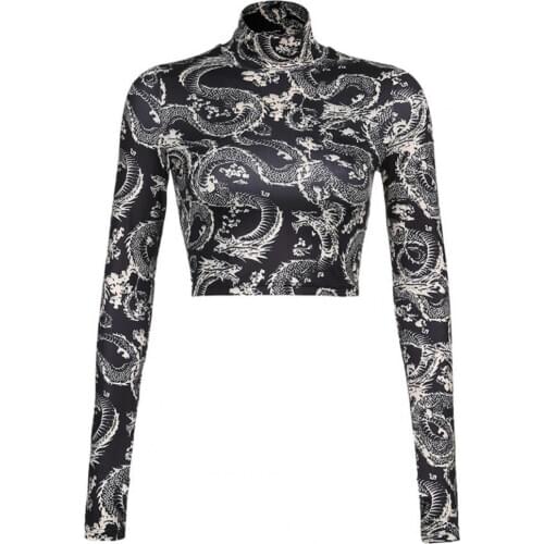 Fashion Women Slim Cropped Chic Women Long Sleeve Dragon Print Turtleneck Crop Top Thumb Hole Slim Clothes Wholesale