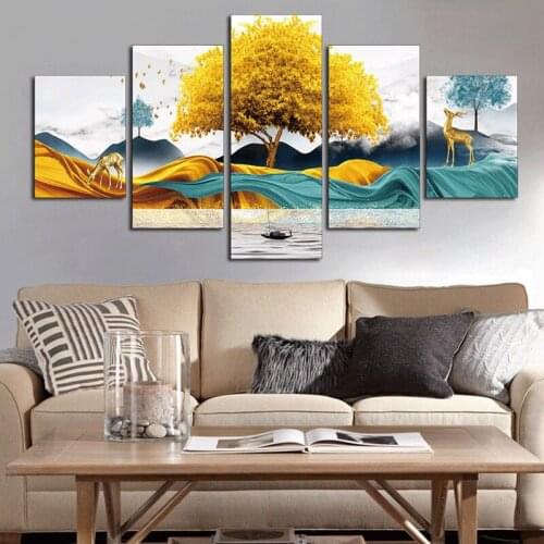 5 panel diamond painting kit Golden Tree And Deer Full Square Round Diamond Embroidery Wall Pictures for Living Room Decor,A969