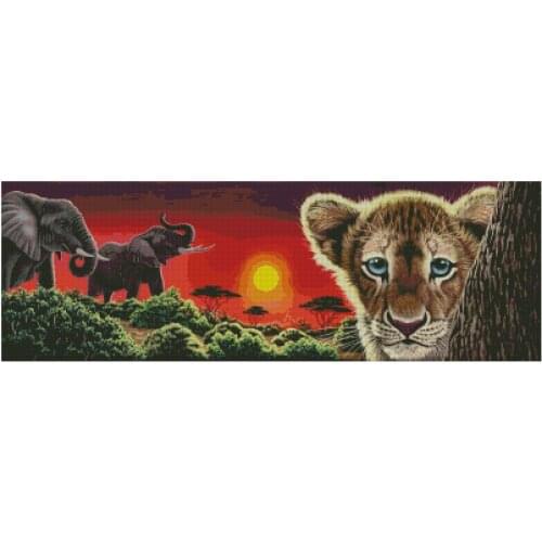 Elephant and leopard in the sunset Cross Stitch Kits Needlework 14CT Unprinted Embroidered Top Quality DIY Handmade Decoration