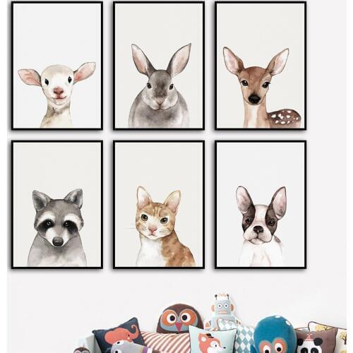 Deer Rabbit Raccoon Sheep Cat Dog Nordic Posters And Prints Nursery Wall Art Canvas Painting Wall Pictures Baby Kids Room Decor
