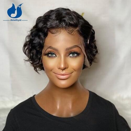 Amethyst Silk Base Lace Front Human Hair Wigs Pixie Cut Brazilian Remy Short Curly Lace Front Wigs Pre plucked For Black Women