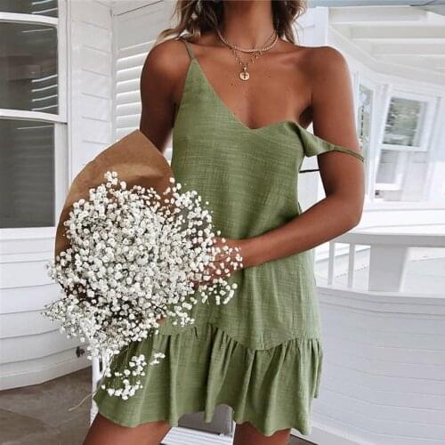 Spaghetti Strap Ruffle Dress Women Summer Dress 2020 Cotton Linen Vestidos Shift Green Dresses Off Shoulder Sexy mini Sundress