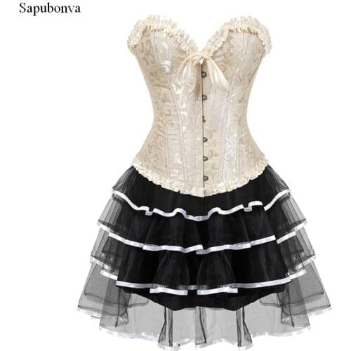 Sapubonva corset for women plus size costume overbust burlesque corset and skirt set tutu corselet victorian fashion gowns s-6xl