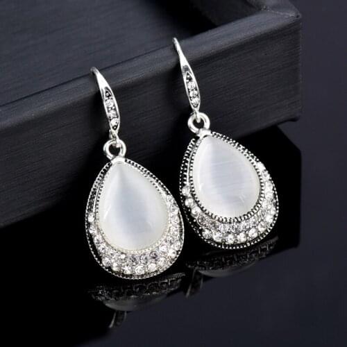 KIOOZOL Vintage Teardrop Grey Black OPAL with Inlaid Rhinestone Pendant Drop Earrings For Women Wedding Party Jewelry 527 KO1