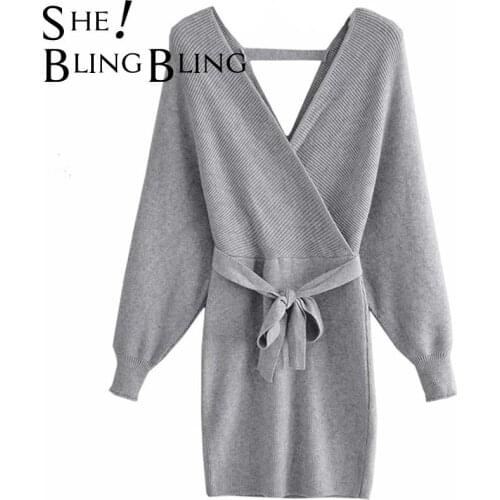 SheBlingBling Za Woman 2021 Tunic Mini Knit Sweater Traf Dress Autumn Winter Raglan Sleeve V Wrap High Waist Pencil Dresses
