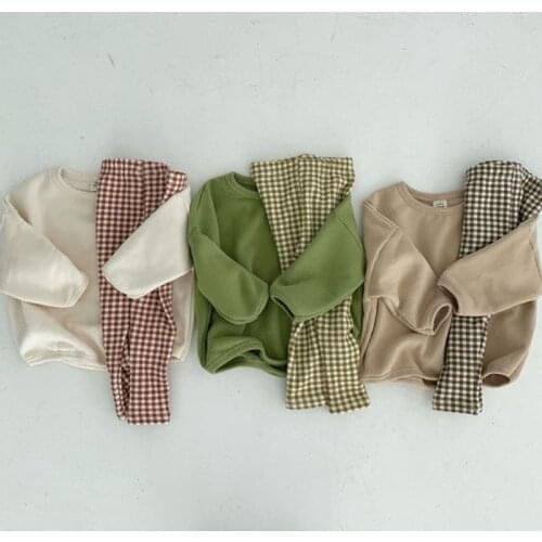 2021 Warm Childrens Wear Pure Cotton Plush Casual Loose T-shirt Bottompants Two-piece Set Long-sleeved top + plaid pants