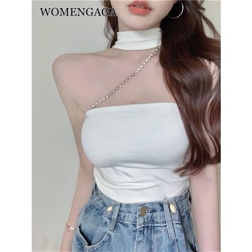WOMENGAGA Diamond chain Halter neck tank vest fashion slim Strapless sleeveless top womens irregular tops sexy hot korean 01BZ