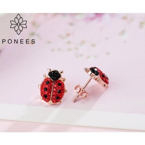 PONEES Cute Rhodium Plating Animal Ladybug Earrings For Women Girl Adorable Insect Ladybird Stud Earrings Fashion Jewelry