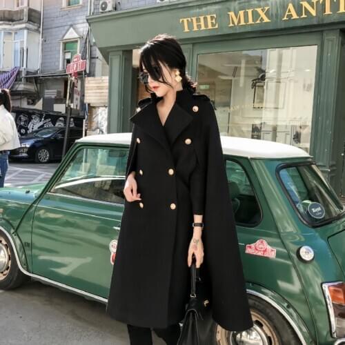 2020 Winter Long Wool Cloak Jacket Women Double Breasted Military Streetwear Casual Cape British Style Poncho Coat Abrigos Mujer