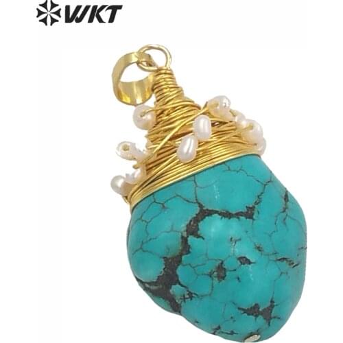 WT-P1444 Natural Turqupises Pendant Raw Howlite Stone With Brass Wire Warpped White Beads Charm Women Necklace Pendant