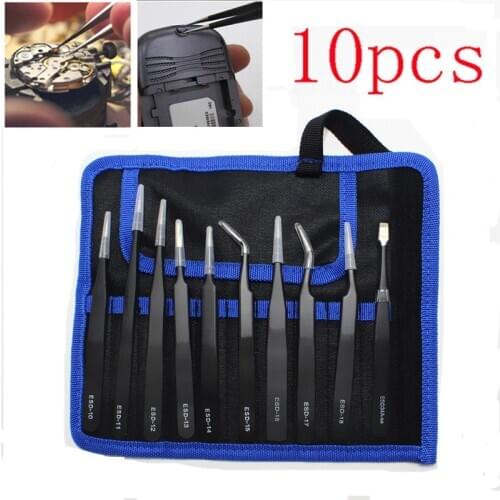 9/10Pcs ESD Tweezers Set Stainless Steel Anti-static Precision Tweezers Repair Tool Kit for Electronic Watch Mobile Phone