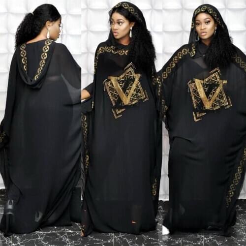 African Muslim Abaya Dress Women Hooded Africa Chiffon Vestidos Batwing Sleeve Soild Diamonds Dresses