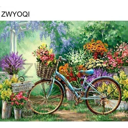 DIY Diamond embroidery Full Round Diamond painting Cross stitch bicycle flower Full Square Diamond mosaic bicycle garden flower