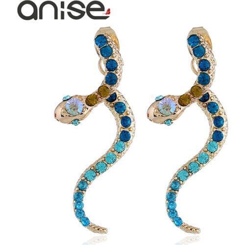 Anise Creative Blue Crystal Rhinestone Snake Stud Earrings Personality Animal Earrings Women Fashion Party Jewelry Accessories