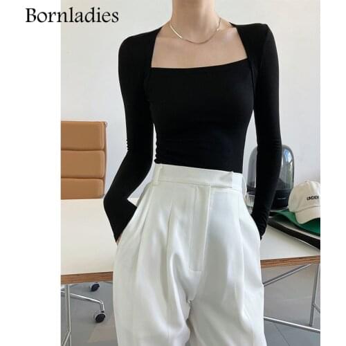 Bornladies Summer Autumn Fake Two-piece Female Green T Shirts Casual Skinny Bodycone Tees Women Sexy Cotton Long Sleeve T Shirts