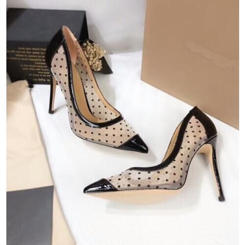 Carpaton 2018 Spring Newest high quality double mesh with mirror leather pointed sexy thin high heels womens party shoes