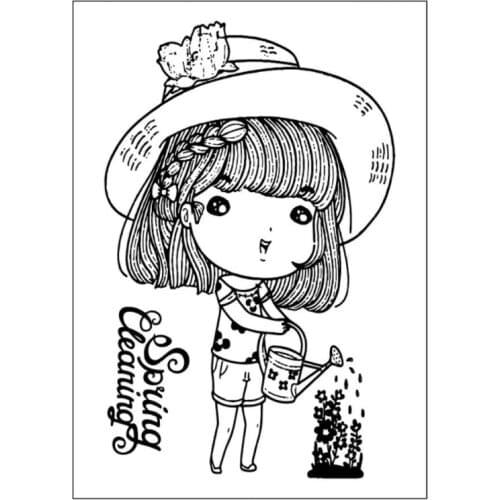 Girl Watering Flowers Transparent Clear Silicone Stamp Seal Scrapbooking Stencil Decor Painting Template Office School Supplies