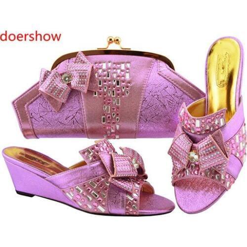 Doershow Italian Matching Shoes and Bag Set Decorated with Rhinestone purple Color African Shoe and Bag Set for Party!HH1-12