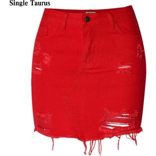 Red Jeans Skirts Women Summer Irregular Hole Ripped Denim Skirts Tassel Mujer Faldas Streetwear Casual Mini Korean Skirt 2020