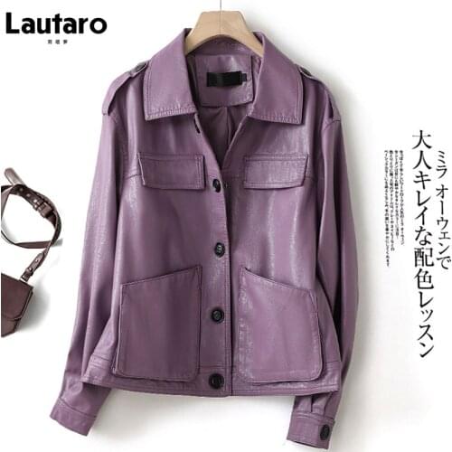 Lautaro Autumn Purple Faux Leather Jackets for Women Drop Shoulder Long Sleeve Pockets Buttons Black Casual Korean Fashion 2021