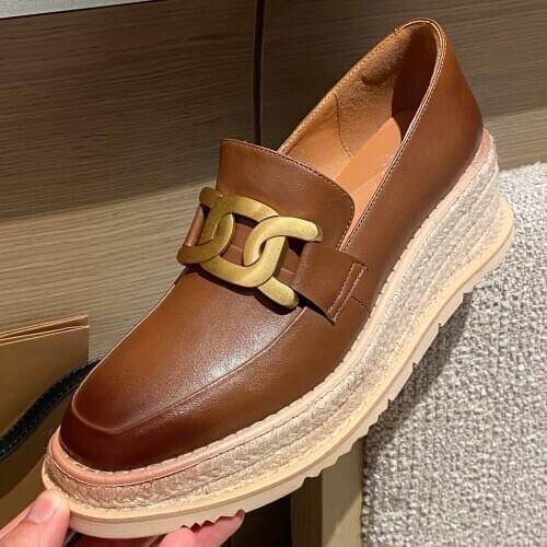 Womens genuine leather wedge platform flats loafers thick sole platform flats moccasins gradient color chain retro punk shoes