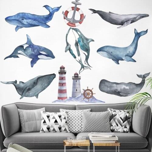 Cute Whale Shark Wall Decal Anchor Navigation Wall Sticker Modern Home Decoration Living Room Bedroom Self Adhesive Stickers