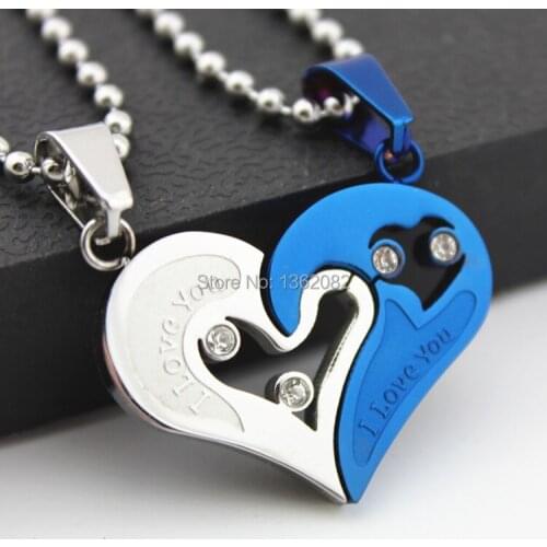 New Men Womens Fashion Blue Silver Tone Titanium Stainless Steel Love Heart Couple Pendants Necklace MN68-3
