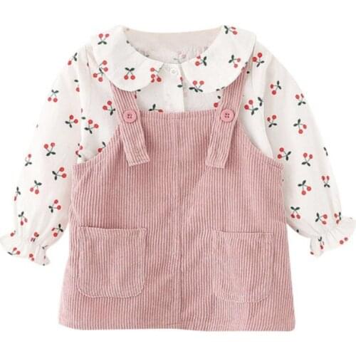 New Autumn Baby Girls Casual Sleeveless Pocket Retro Corduroy Dress+Doll Collar Cartoon Cherry Print Long-sleeved T-shirt 2021