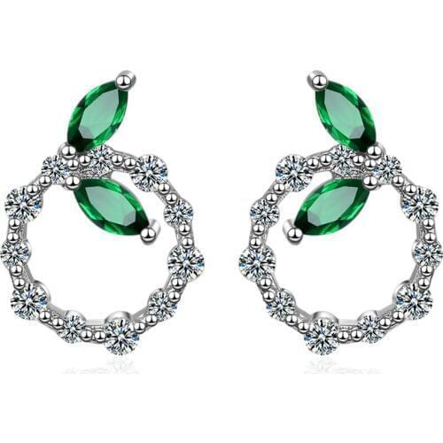 New Arrival Female Crystal White Zircon Stud Earrings Simple 925 Sterling Silver Round Leaf Earrings For Women Jewelry