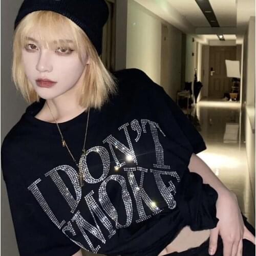 Hip hop Letter Printed I Don't Smoke Rhinestone Graphic Tshirt Korean Plus Size Gothic Loose Punk Tops Womens T-shirts Tees