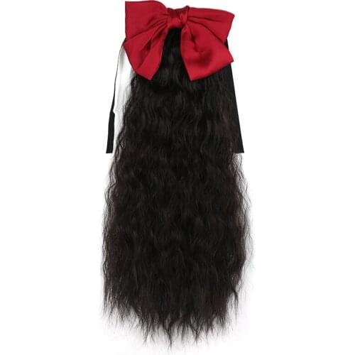 Long Curly Bowknot Wavy Clip In Ponytail Hair Extensions Wrap Around Tie Synthetic Fake Natural Hairpiece For Women Black Brown